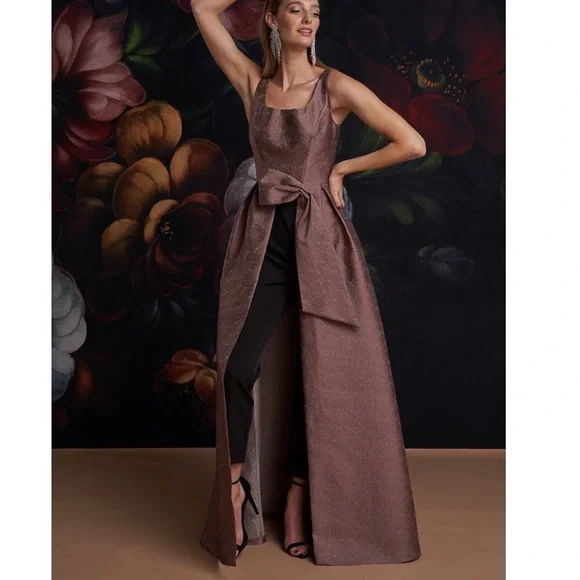 Kay Unger Sophie Jumpsuit Light Gold Dress Black Pants Sleeveless Formal Gown 8 - Picture 3 of 12